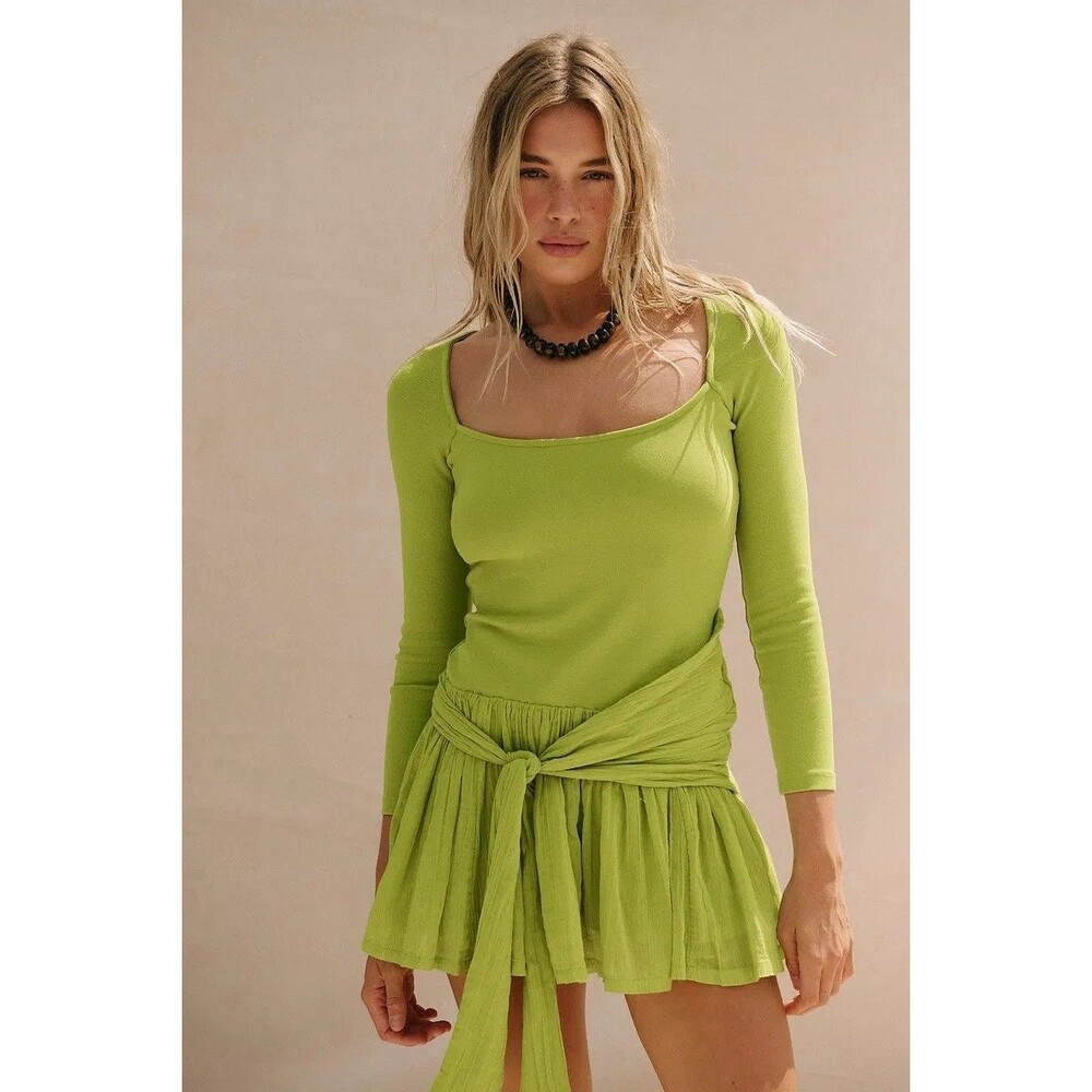 Free People Free-est Lexi Drop-Waist Mini Dress Wrap Long Sleeve Green S 290428